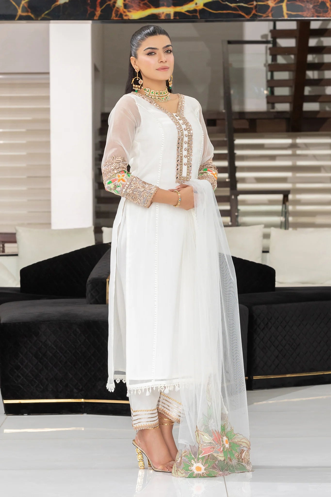 White Readymade Suit with Embellishments