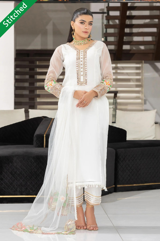 White Readymade Suit with Embellishments