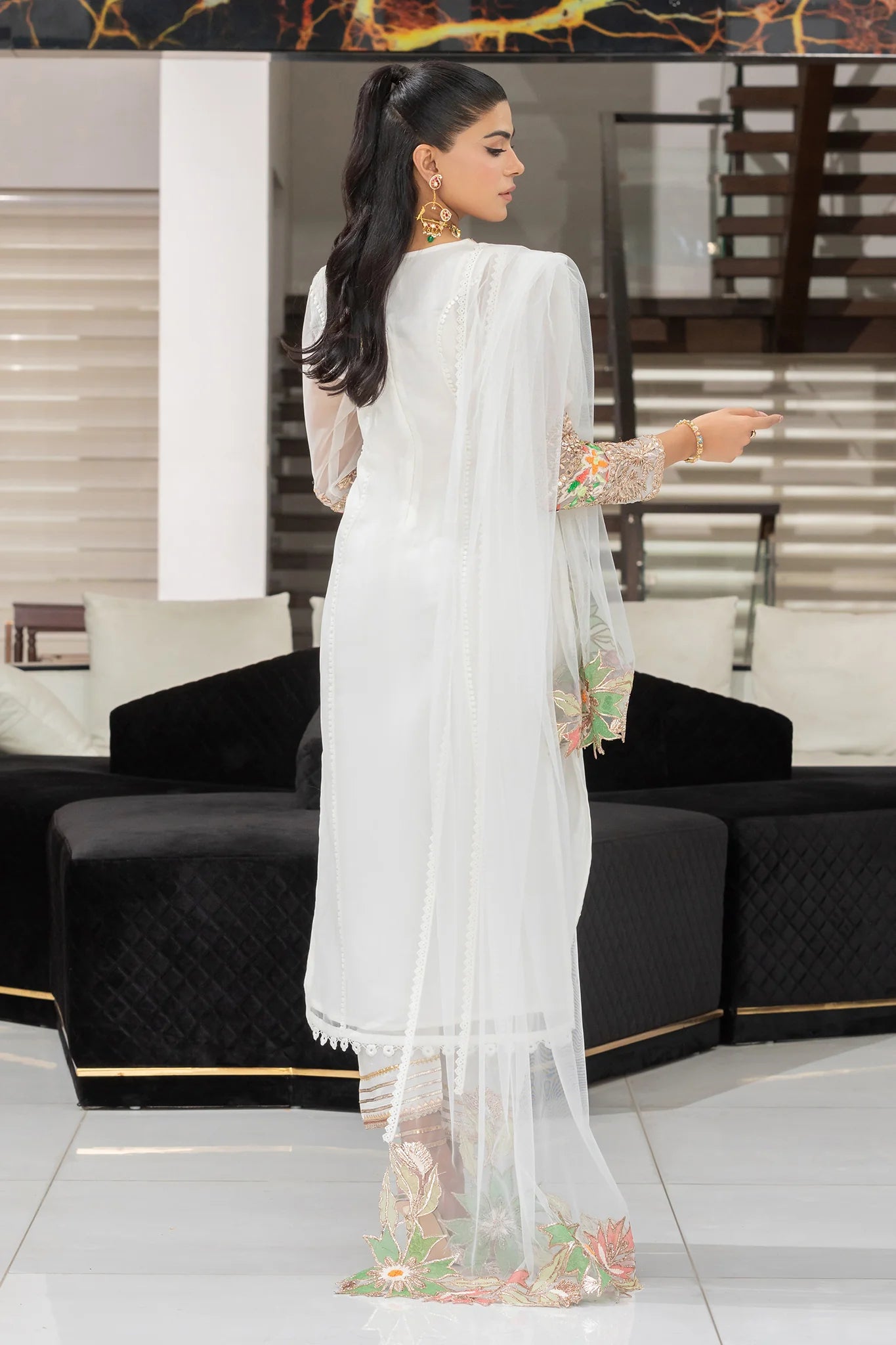 White Readymade Suit with Embellishments