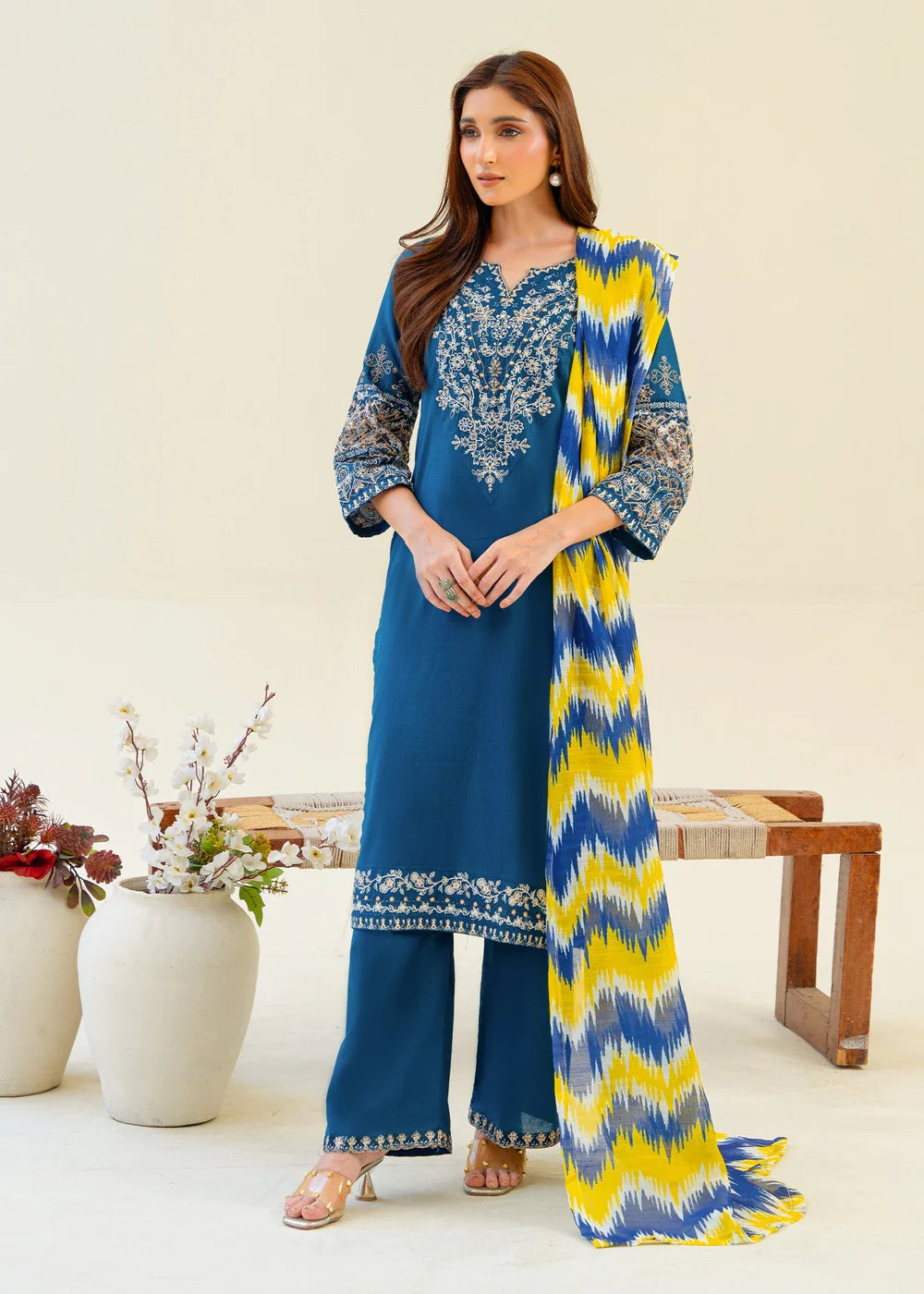 Teal Embroidered Camric Cotton Kurta Set with Dupatta
