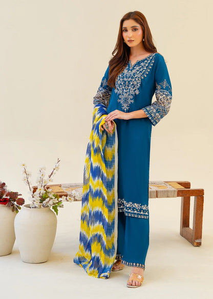 Teal Embroidered Camric Cotton Kurta Set with Dupatta