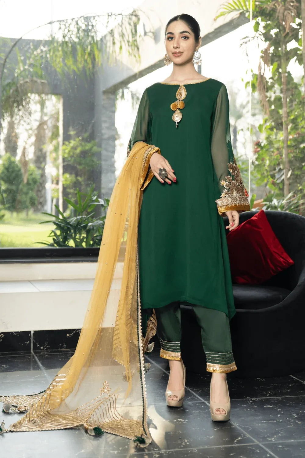 Green Readymade Chiffon Suit Size 44