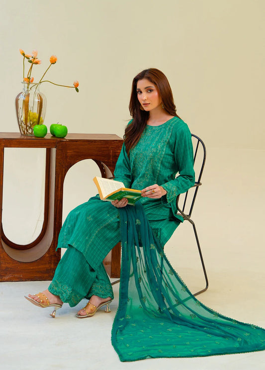 Emerald Green Embroidered Cotton Kurta Set with Dupatta