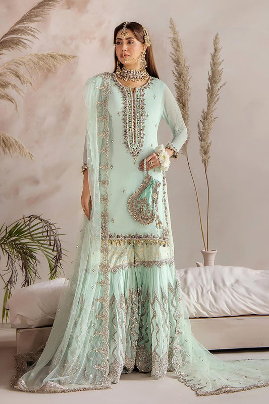 Hand Embroidered Turquoise Pure Chiffon Gharara