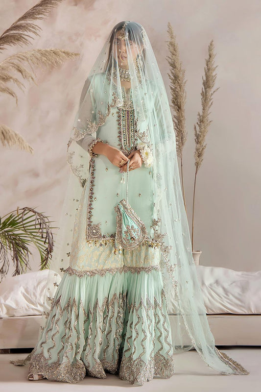 Hand Embroidered Turquoise Pure Chiffon Gharara