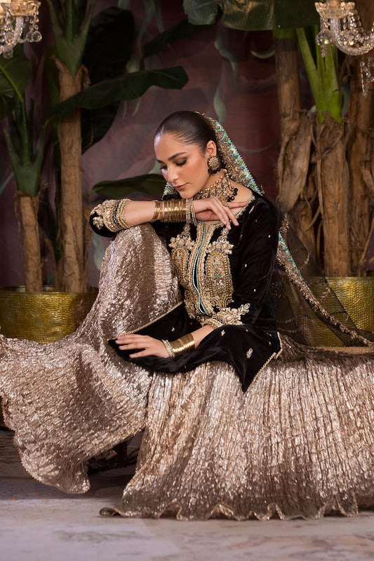 Black Hand Embroidered Velvet Sharara