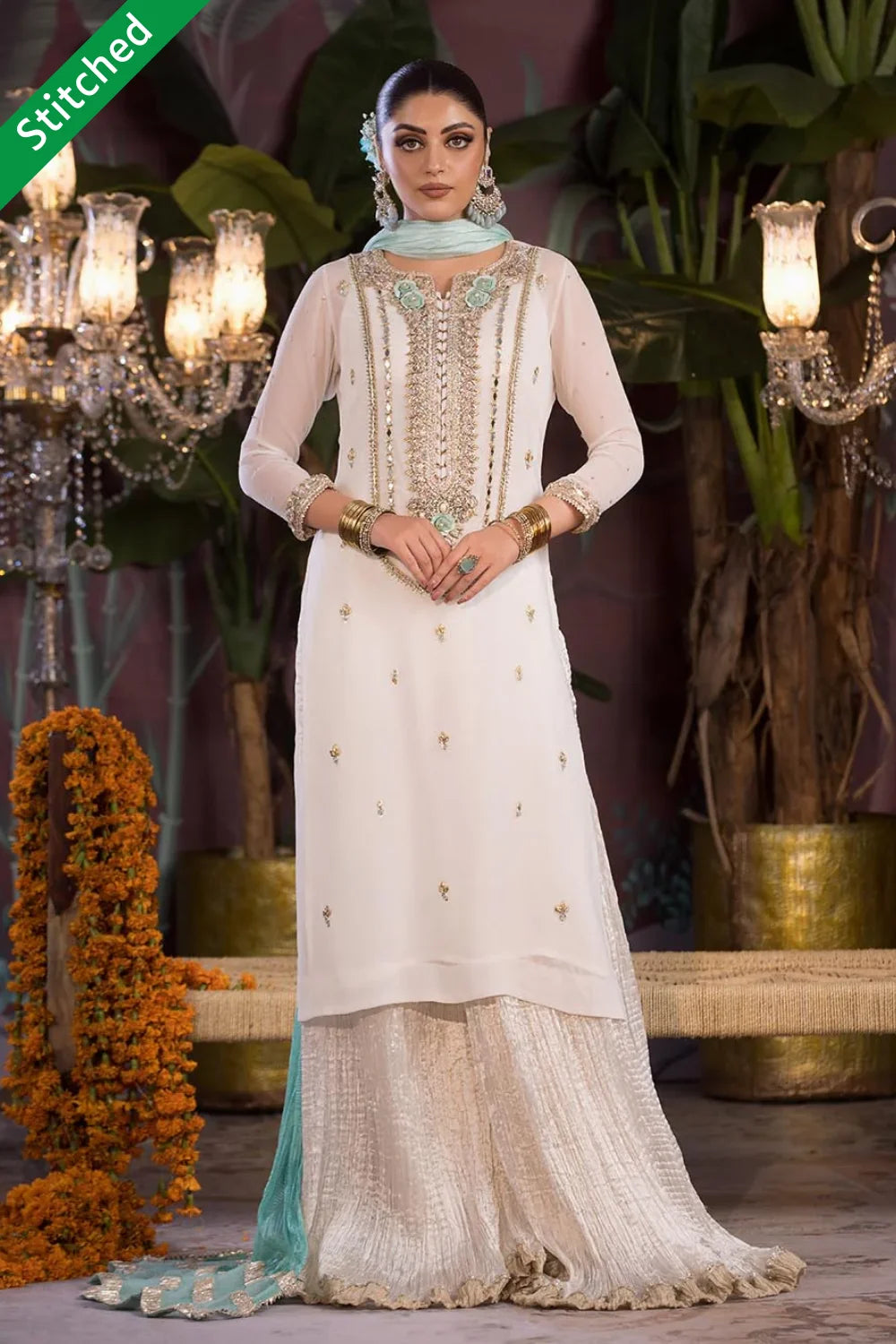 White Readymade Pure Chiffon Sharara