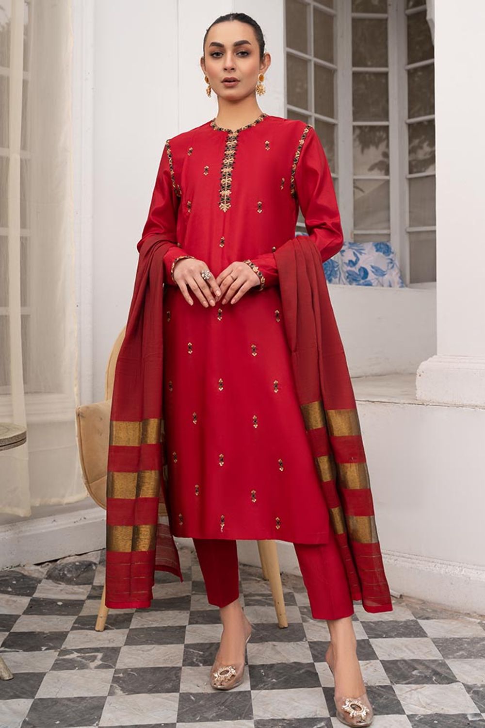 Red Adda Work Kattan Silk Pakistani Suit Online in Dubai UAE Abudhabi Ajman Sharjah