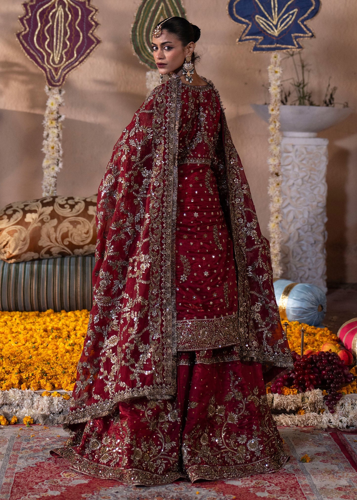 Red Charmuse Festive Wear Lehenga Online in KSA Riyadh Saudi Arabia Oman Bahrain Qatar
