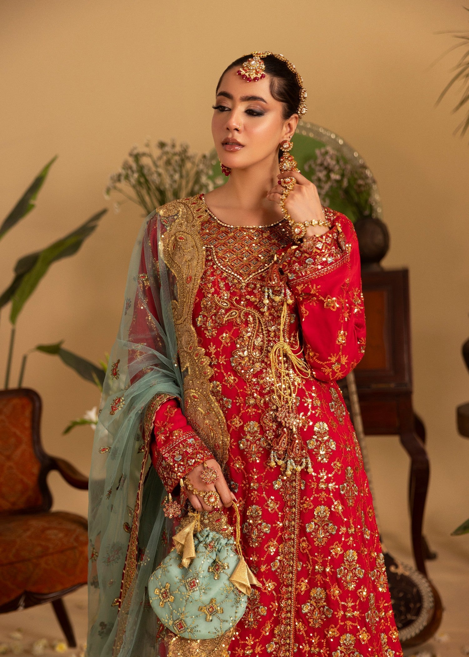 Red Chiffon Angrakha Gown for Wedding Online in Dubai DXB UAE Abudhabi Meena Bazaar