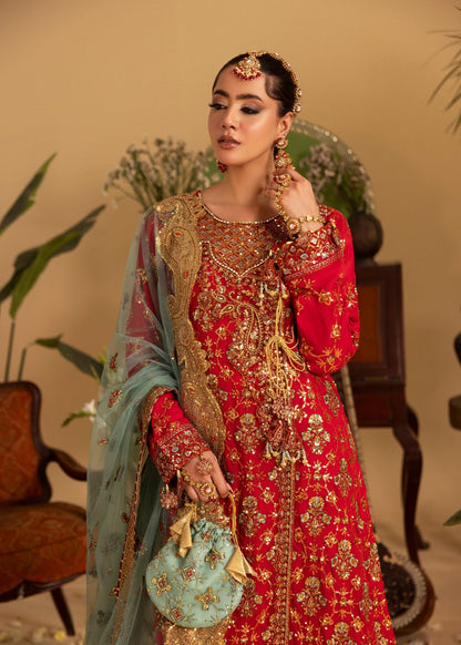 Red Chiffon Angrakha Gown with Mint Dupatta Online in Dubai DXB UAE Abudhabi Meena Bazaar