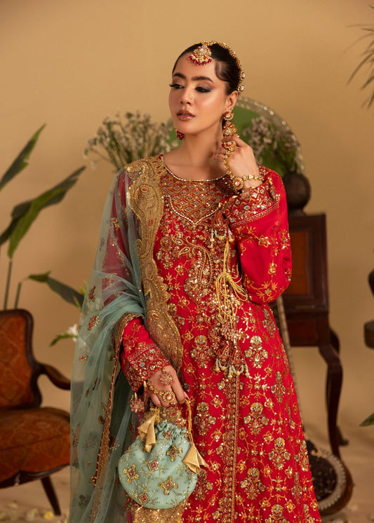 Red Chiffon Angrakha Gown with Mint Dupatta Online in Dubai DXB UAE Abudhabi Meena Bazaar