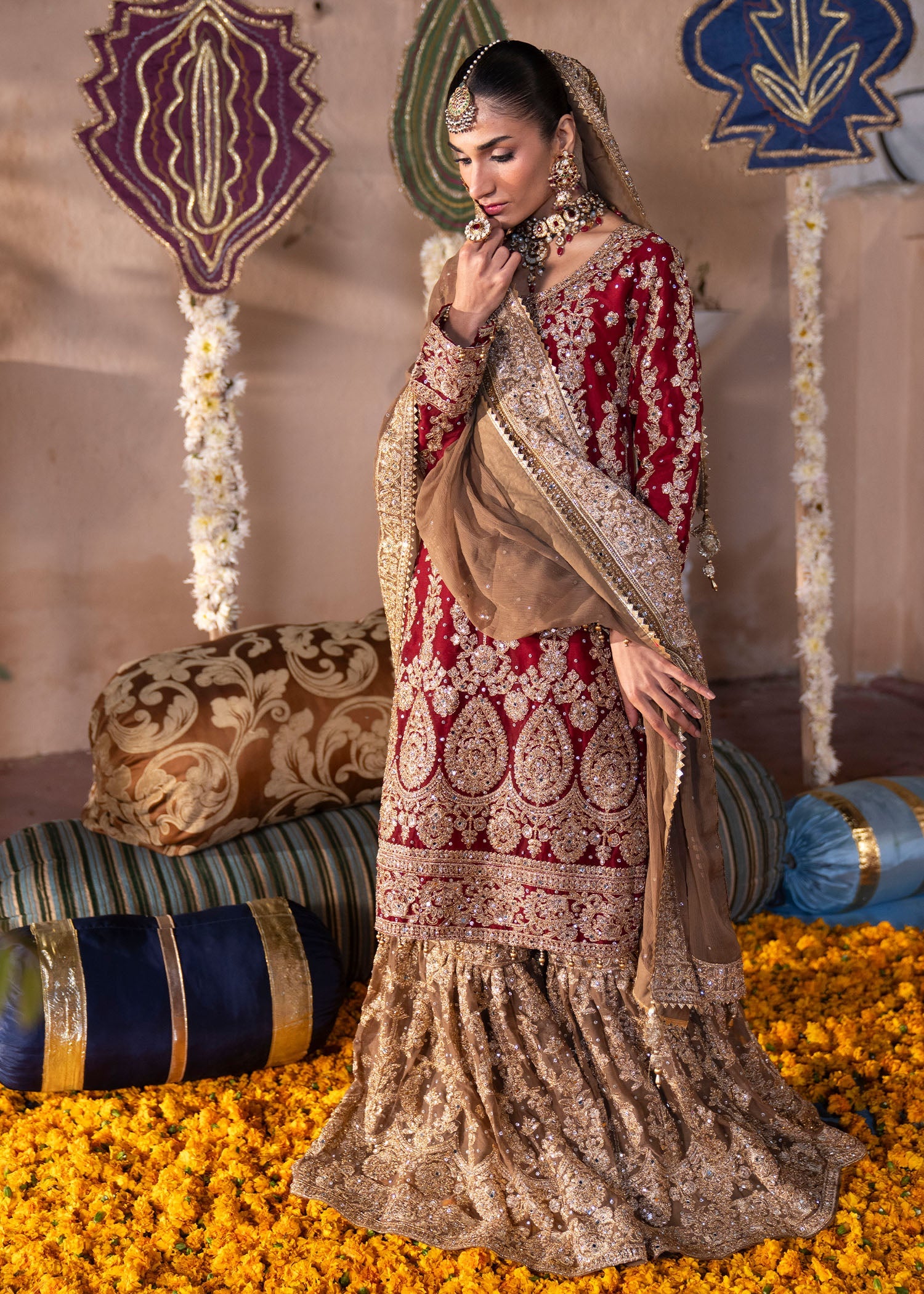 Red Chiffon Straight Leg Gharara Dress Online in Dubai UAE Abudhabi Ajman Sharjah