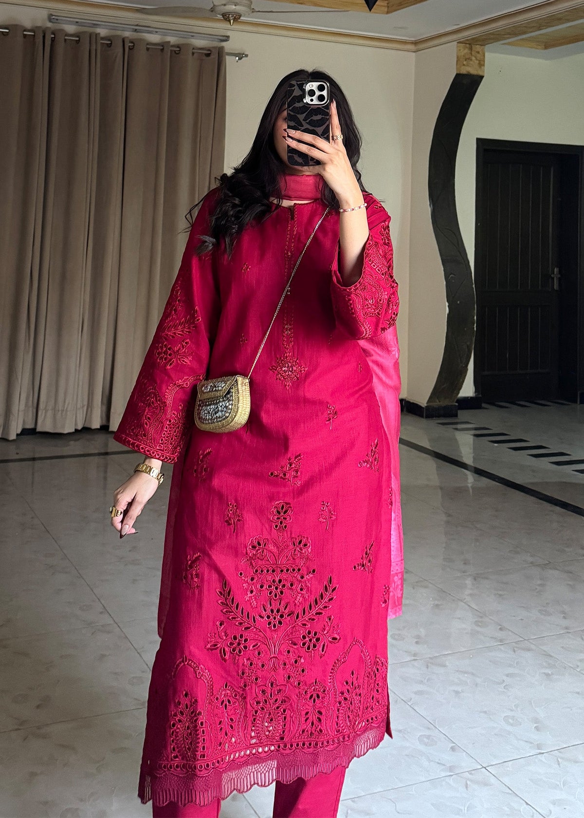 Red Chikankari Cotton 3 Piece Suit Online in Sri Lanka India Australia