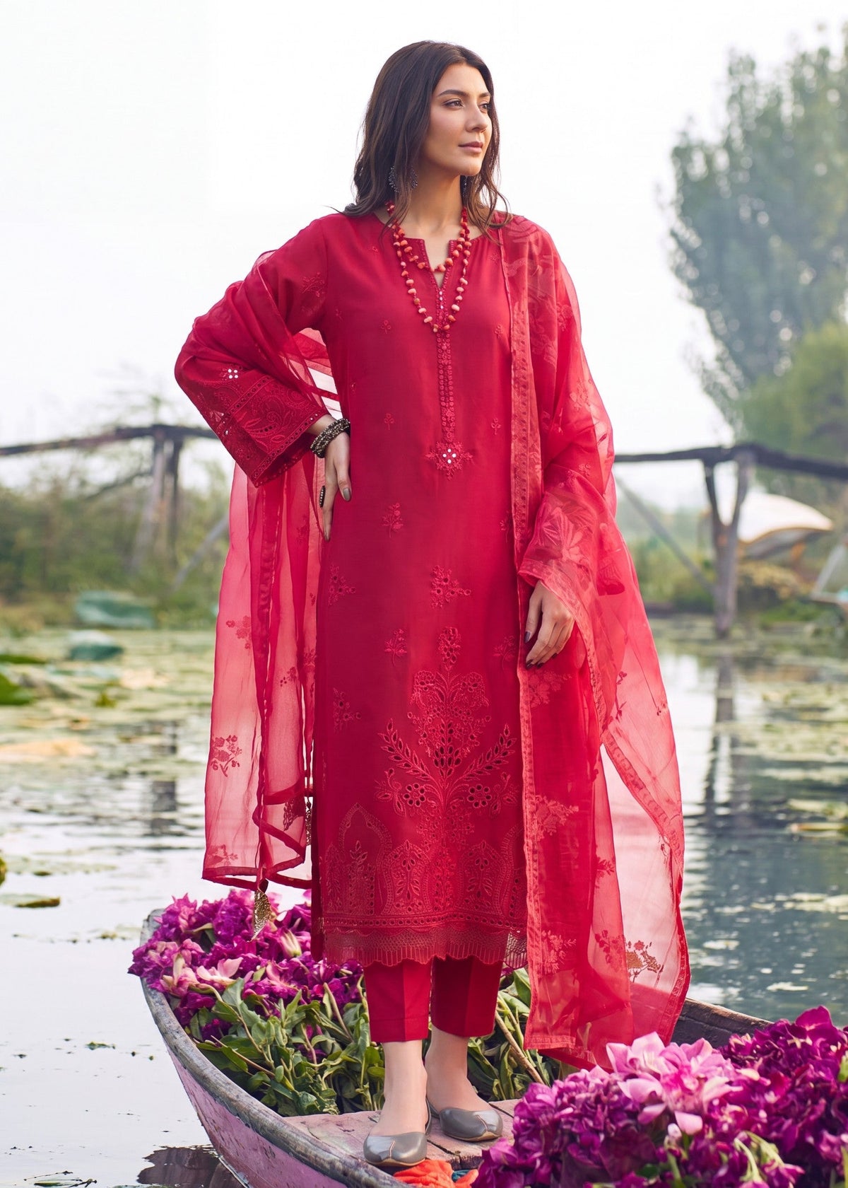 Red Chikankari Cotton Kurta Trouser Dupatta Set Online in Sri Lanka India Australia