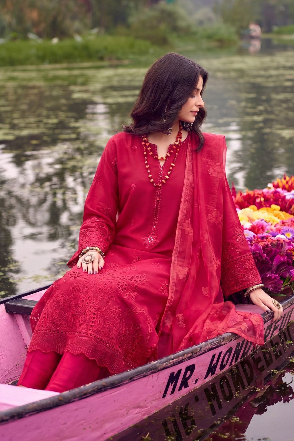 Red Chikankari Embroidered Cotton Pakistani Suit Online in Dubai UAE Abudhabi Ajman Sharjah
