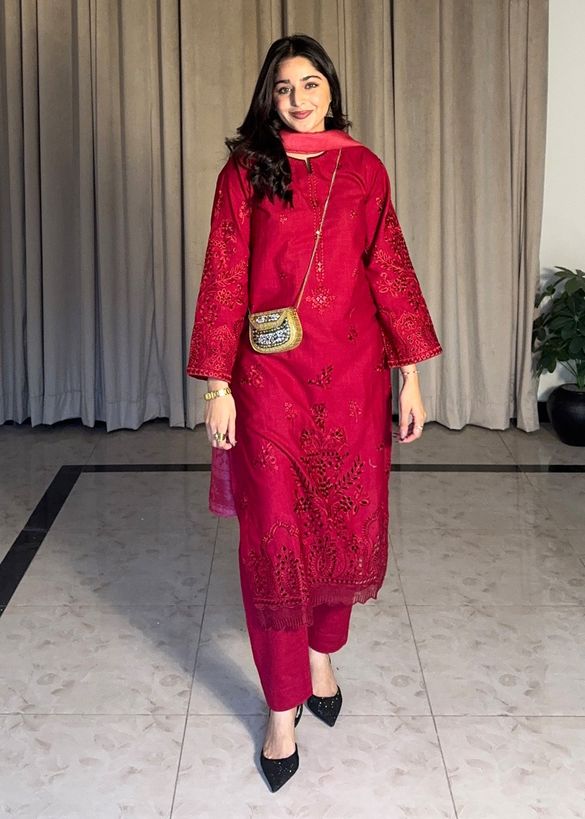 Red Chikankari Embroidered Cotton Salwar Suit Online in Dubai UAE Abudhabi Ajman Sharjah