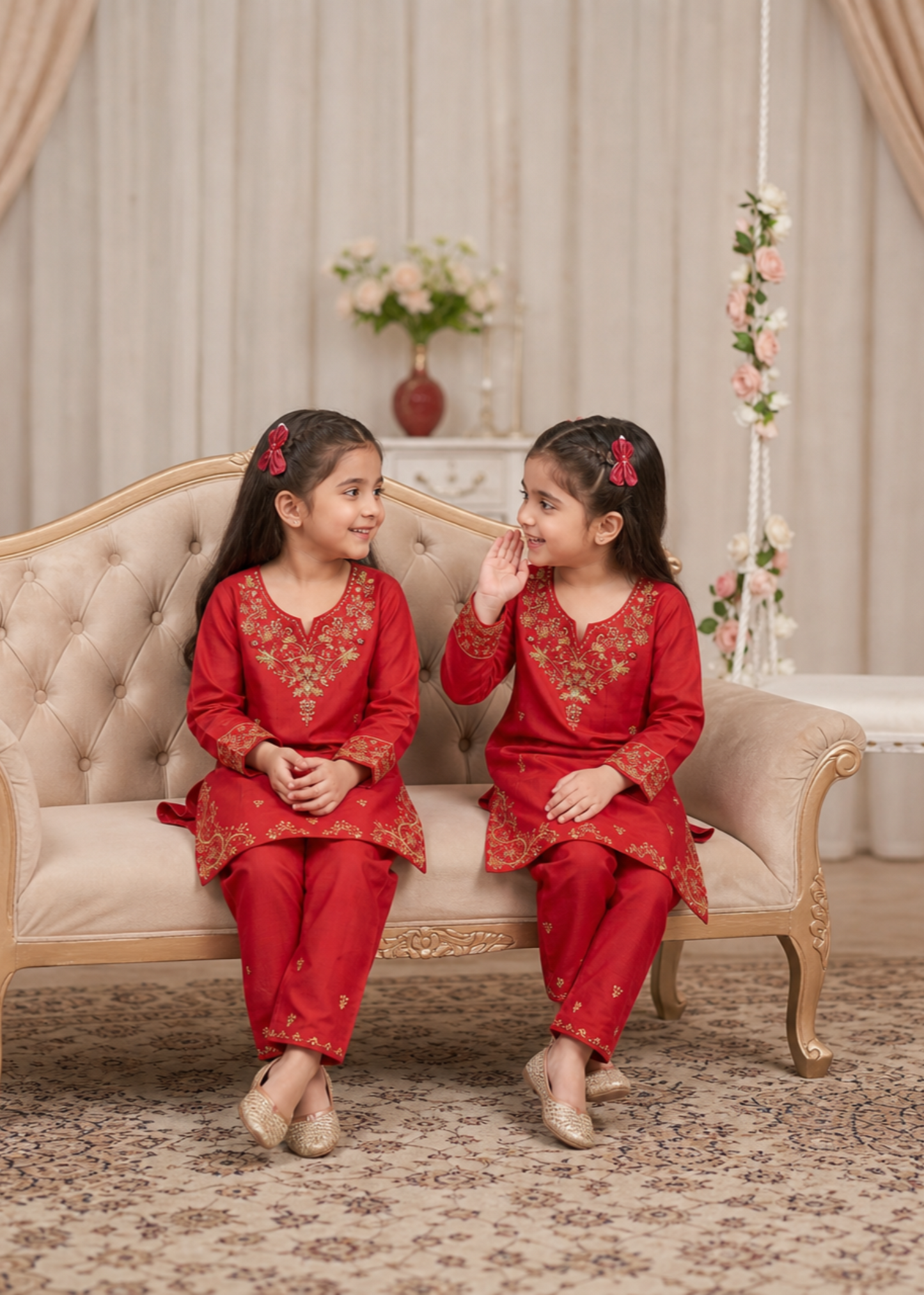 Red Cotton Embroidered Girls Suit Online in Sri Lanka India Australia