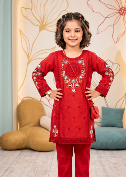 Red Cotton Embroidered Girls Suit Online in Sri Lanka India Australia