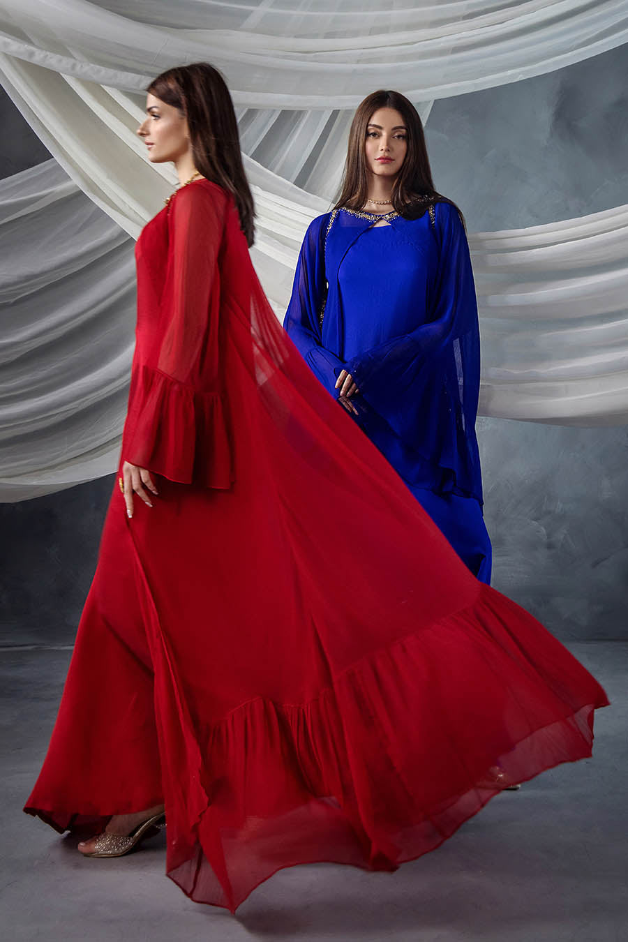 Red Crinkle Chiffon Hand Embellished Indowestern Dress Online in KSA Riyadh Saudi Arabia Oman Bahrain Qatar