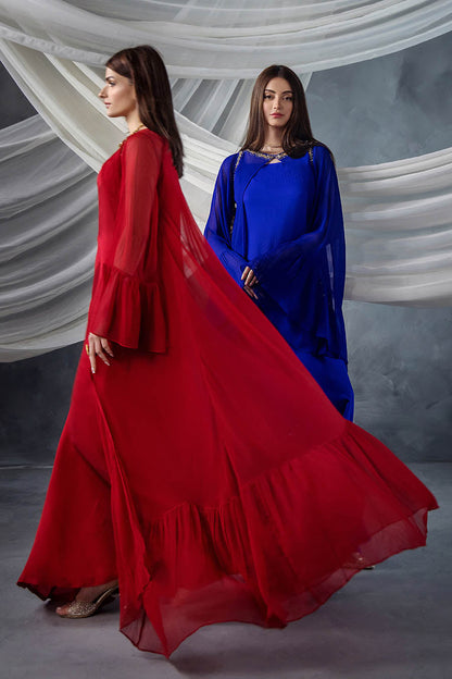 Red Crinkle Chiffon Hand Embellished Indowestern Dress Online in KSA Riyadh Saudi Arabia Oman Bahrain Qatar