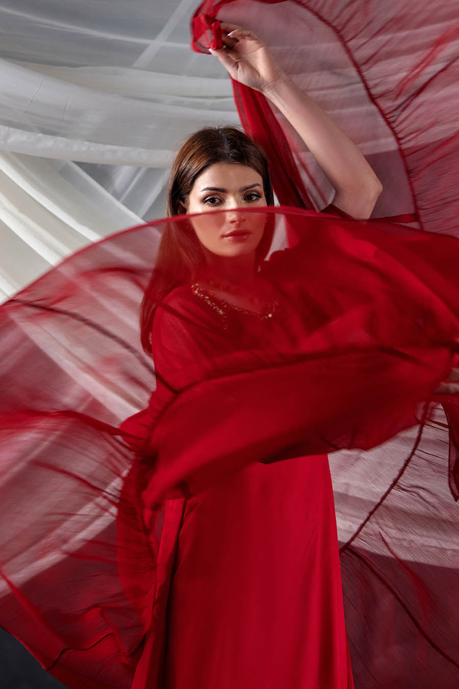 Red Crinkle Chiffon Handwork Indowestern Dress Online in Dubai UAE Abudhabi Ajman Sharjah