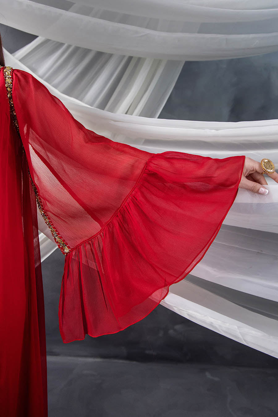 Red Crinkle Chiffon Indowestern Salwar Suit Online in Dubai UAE Abudhabi Ajman Sharjah