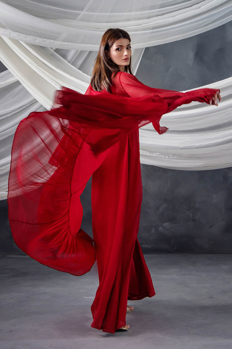 Red Crinkle Chiffon Indowestern Salwar Suit Online in KSA Riyadh Saudi Arabia Oman Bahrain Qatar