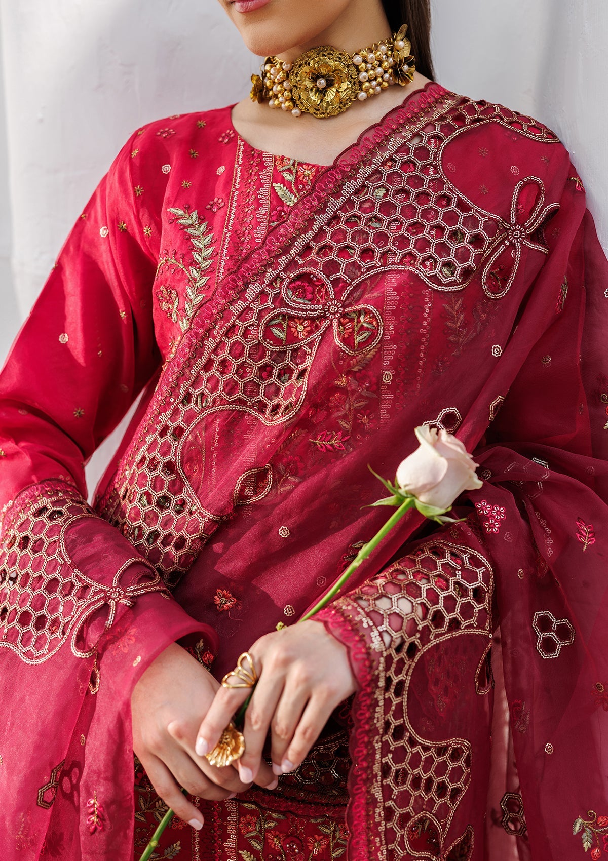 Red Crystal Charm Organza Festive Outfit Online in Sri Lanka India Australia