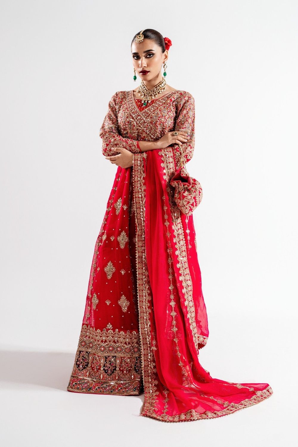 Red Embellished Chiffon Angrakha Frock Online in Dubai UAE Abudhabi Ajman Sharjah