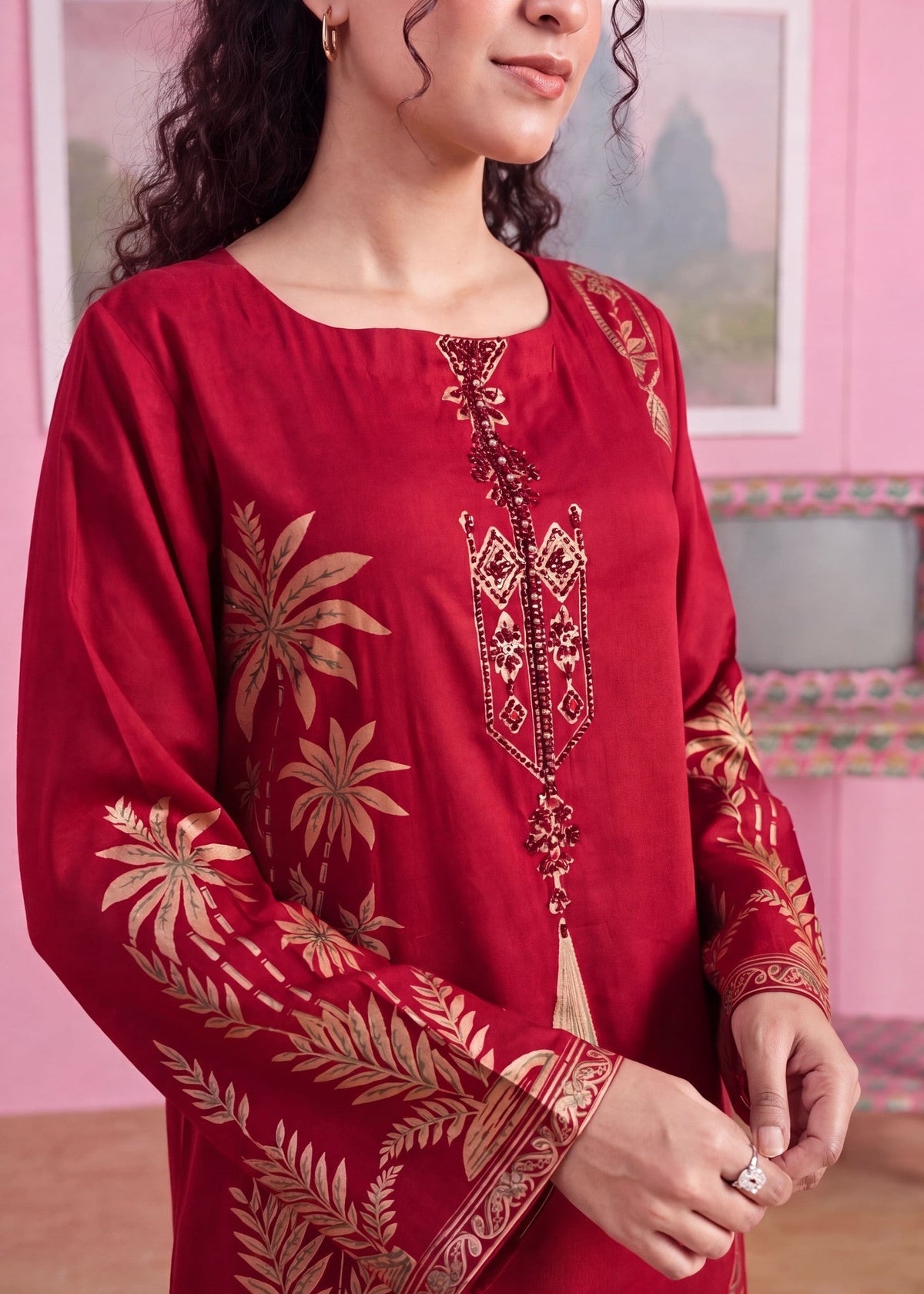 Red Embellished Kaftan Winter Wear Online in UK USA Canada