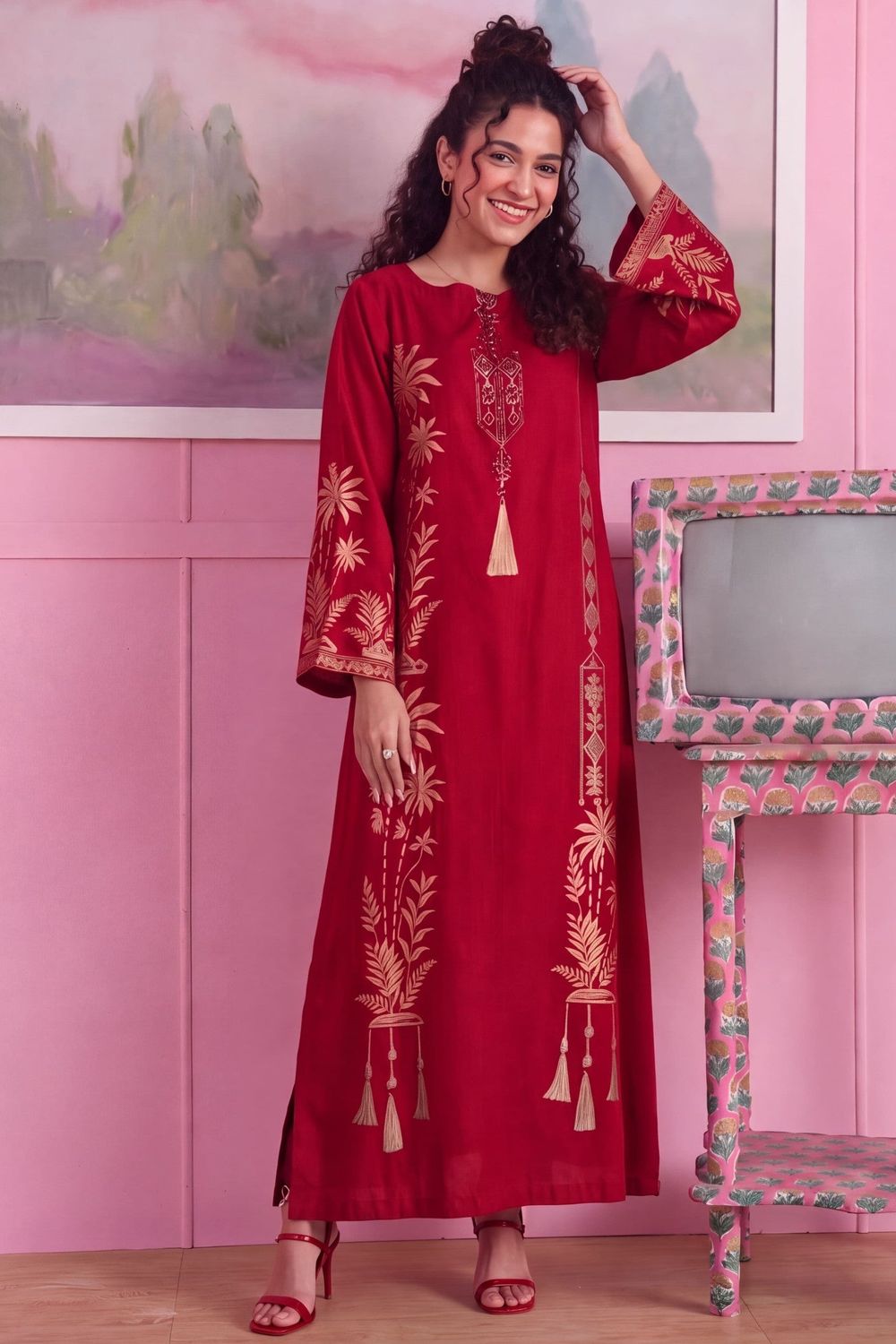 Red Embellished Linen Kaftan Online in Dubai UAE Abudhabi Ajman Sharjah