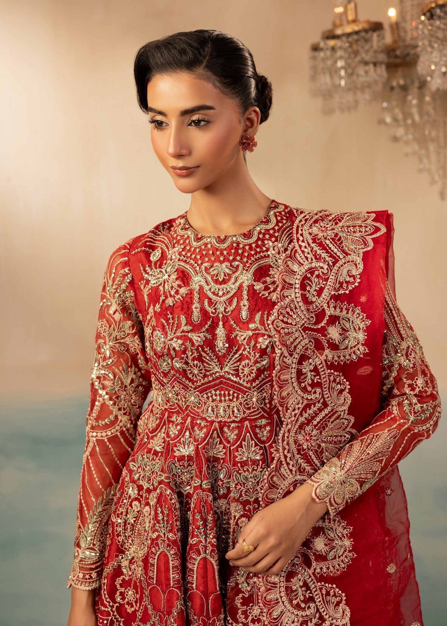 Red Embellished Raw Silk Farshi Suit for Women Online in Dubai DXB UAE Abudhabi Meena Bazaar