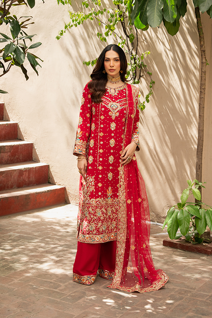 Red Embroidered Chiffon Partywear Suit Online in Dubai UAE Abudhabi Ajman Sharjah