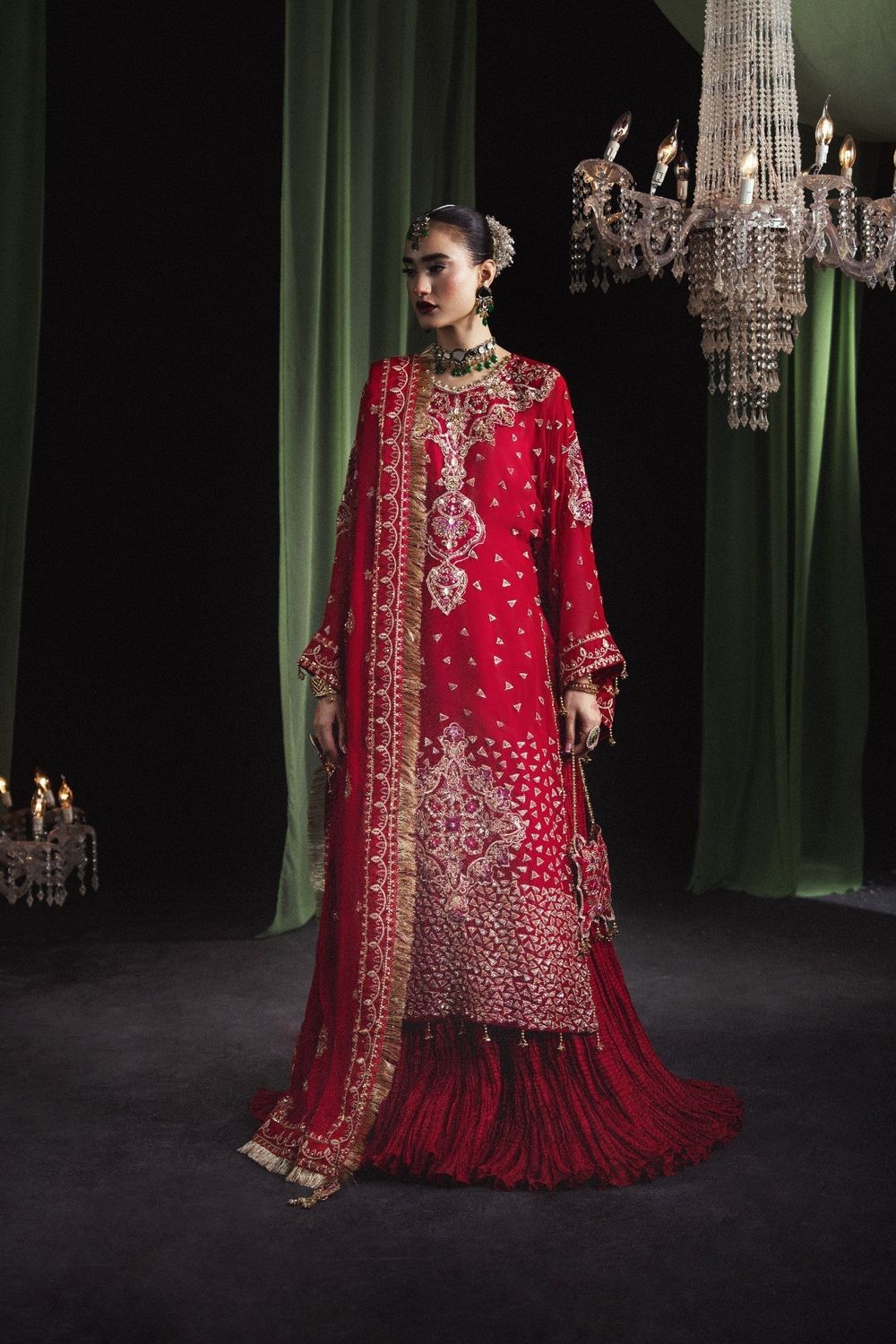 Red Embroidered Chiffon Wedding Guest Lehenga Online in Dubai UAE Abudhabi Ajman Sharjah