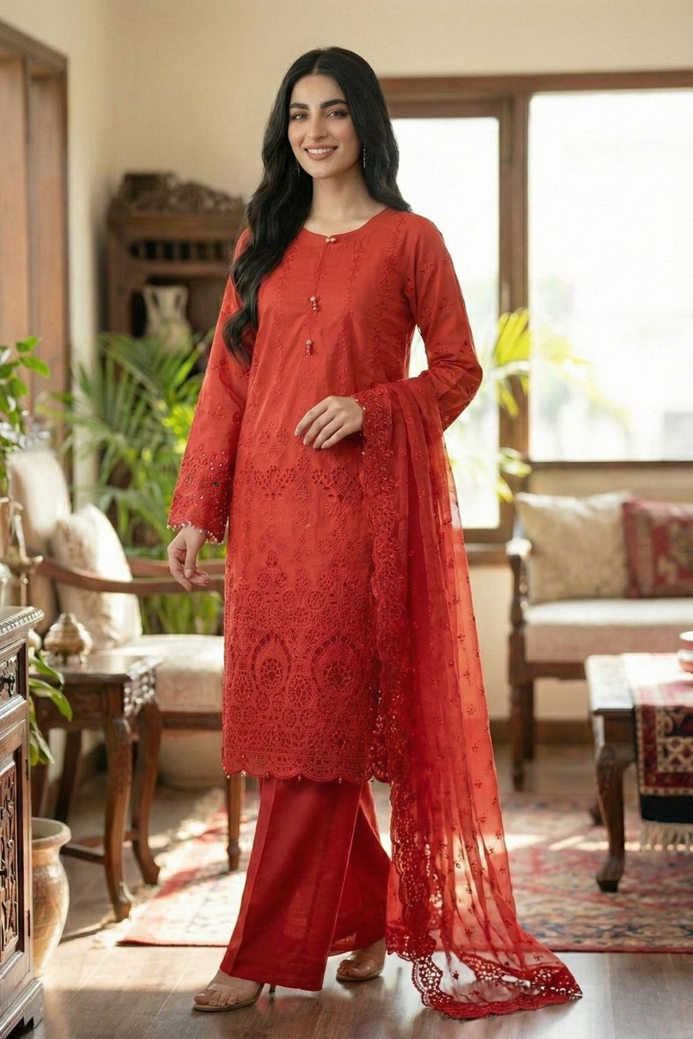 Red Embroidered Chikankari Cotton Salwar Kameez Online in Dubai UAE Abudhabi Ajman Sharjah