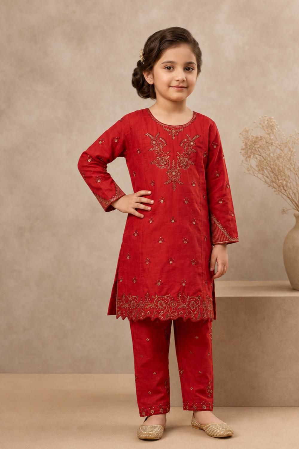 Red Embroidered Cotton Dobby Kurta Suit Online in Dubai UAE Abudhabi Ajman Sharjah