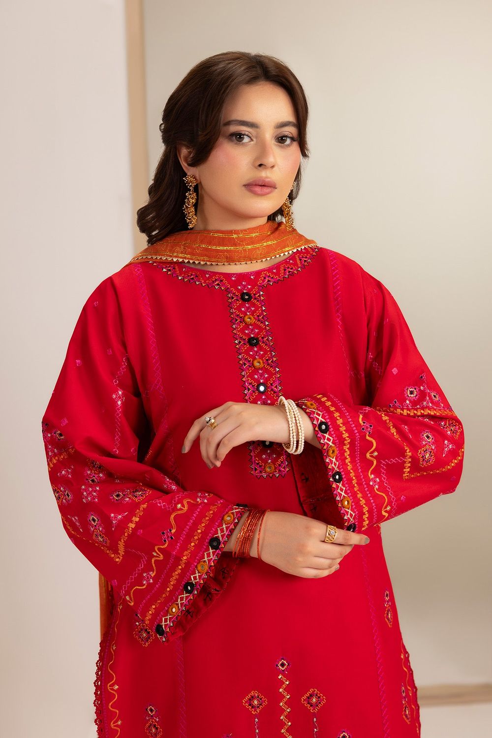 Red Embroidered Cotton Farshi Shalwar Kameez Online in Dubai UAE Abudhabi Ajman Sharjah