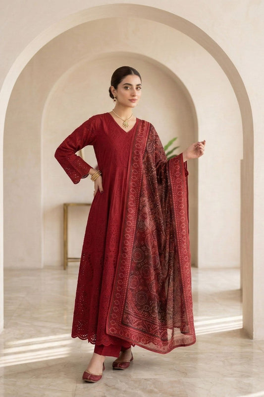 Red Embroidered Cotton Flared Pishwas Suit Online in Dubai UAE Abudhabi Ajman Sharjah