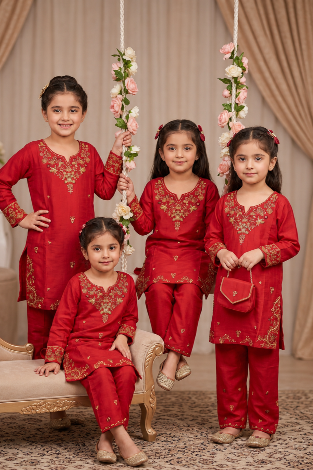 Red Embroidered Cotton Girls Kurta Set Online in Dubai UAE Abudhabi Ajman Sharjah