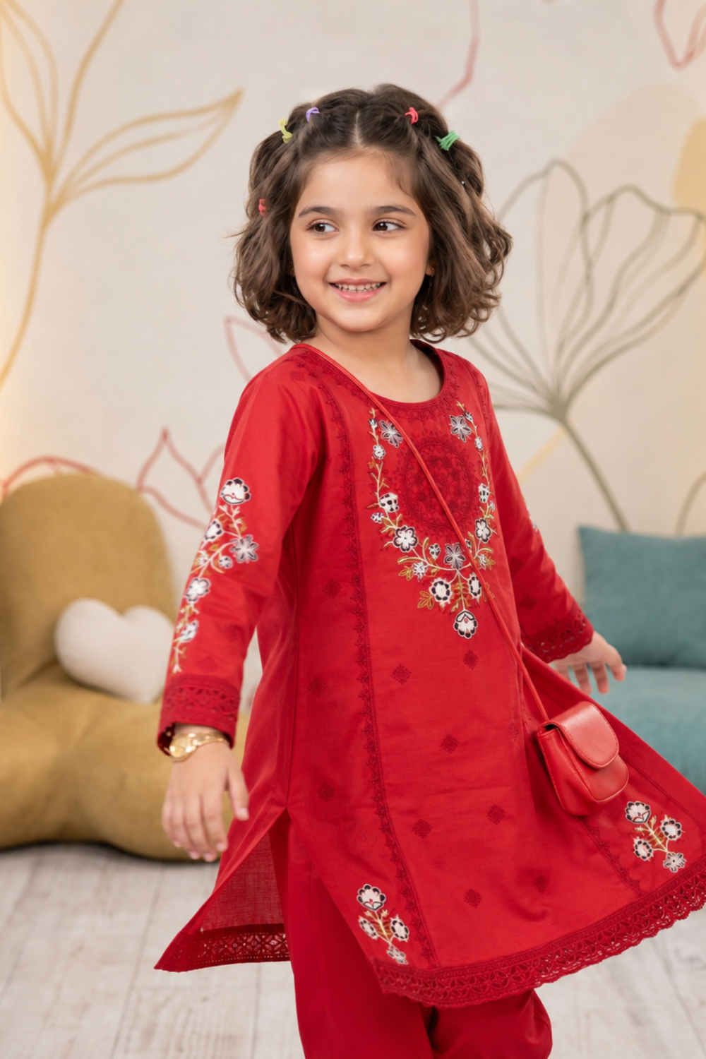 Red Embroidered Cotton Girls Kurta Set Online in Dubai UAE Abudhabi Ajman Sharjah