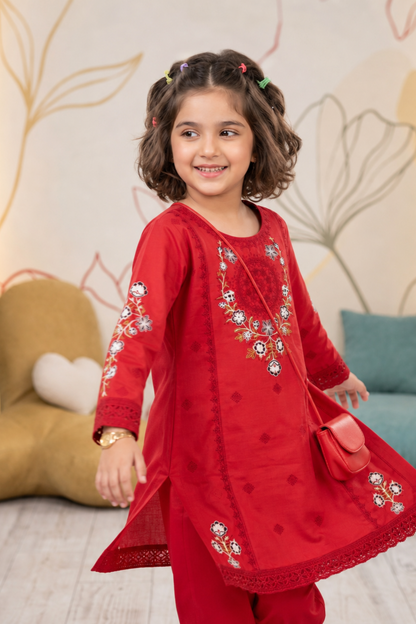 Red Embroidered Cotton Girls Kurta Set Online in Dubai UAE Abudhabi Ajman Sharjah