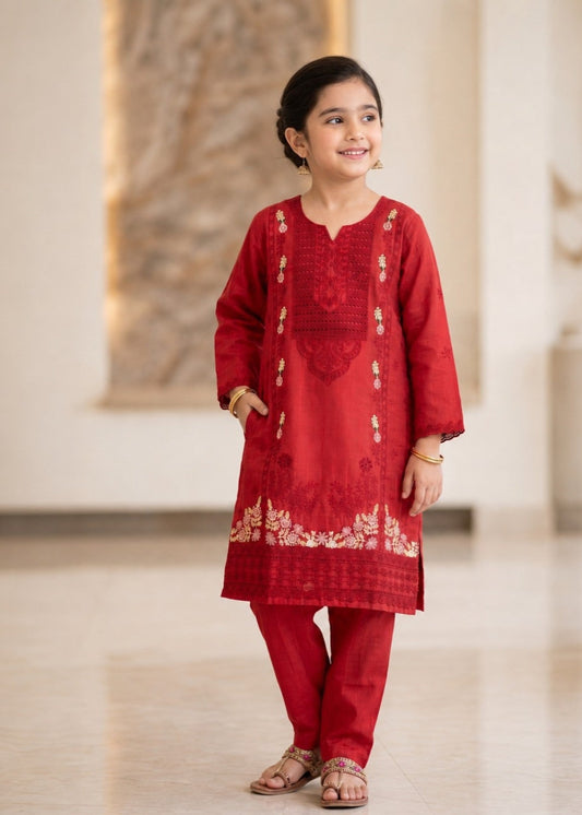 Red Embroidered Cotton Girls Kurta Set Online in Sri Lanka India Australia