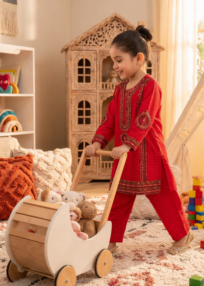 Red Embroidered Cotton Girls Suit Online in Sri Lanka India Australia