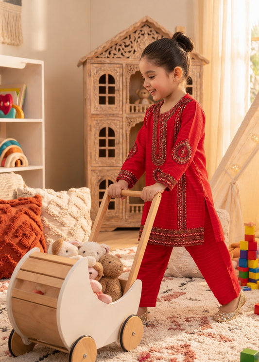 Red Embroidered Cotton Girls Suit Online in Sri Lanka India Australia