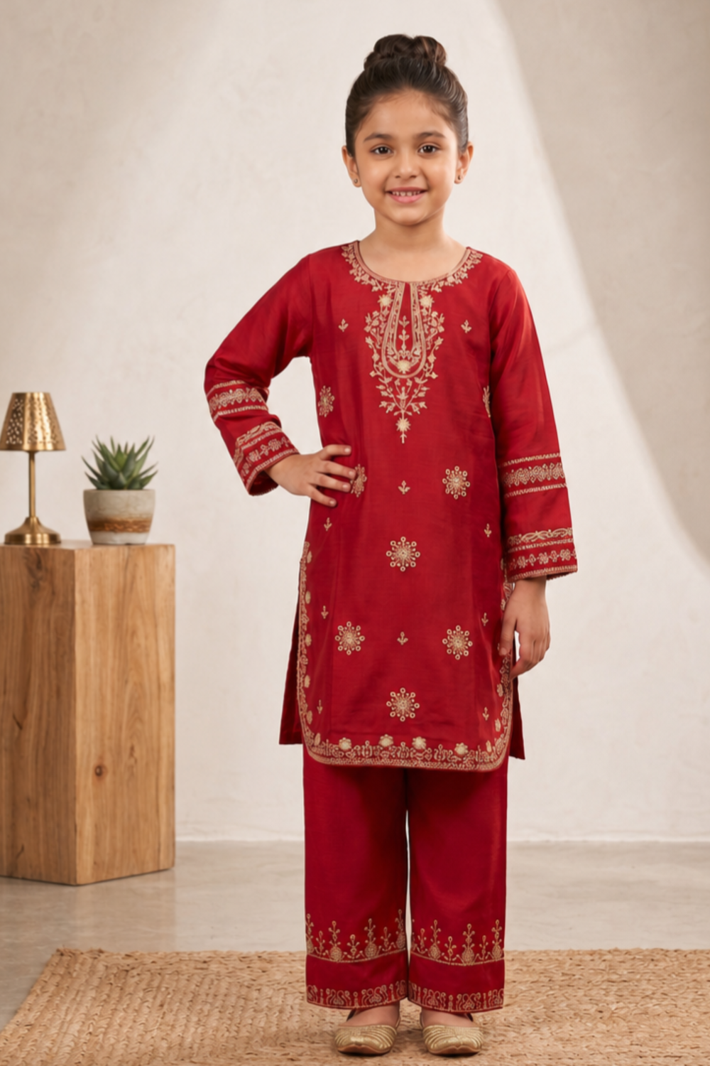 Red Embroidered Cotton Jacquard Girls Kurta Set Online in Dubai UAE Abudhabi Ajman Sharjah