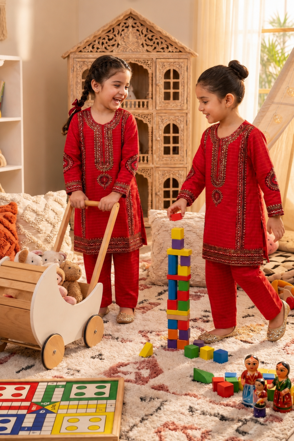Red Embroidered Cotton Kurta Set for Girls Online in Dubai UAE Abudhabi Ajman Sharjah