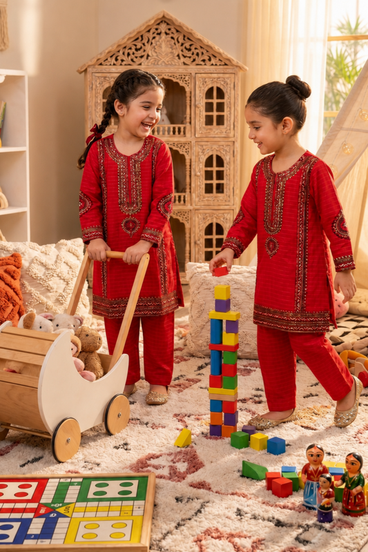 Red Embroidered Cotton Kurta Set for Girls Online in Dubai UAE Abudhabi Ajman Sharjah