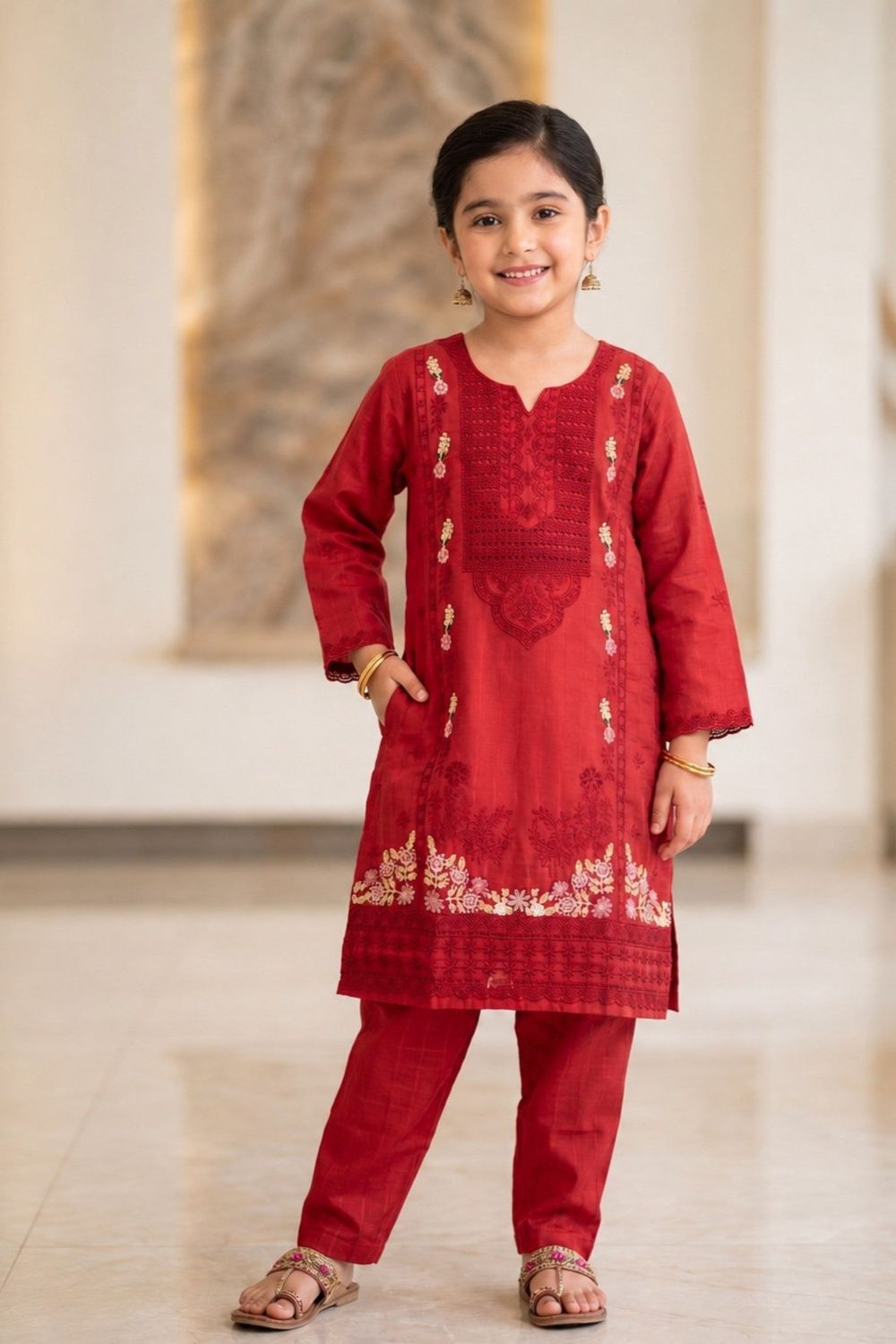 Red Embroidered Cotton Straight Kurta Set for Girls Online in Dubai UAE Abudhabi Ajman Sharjah