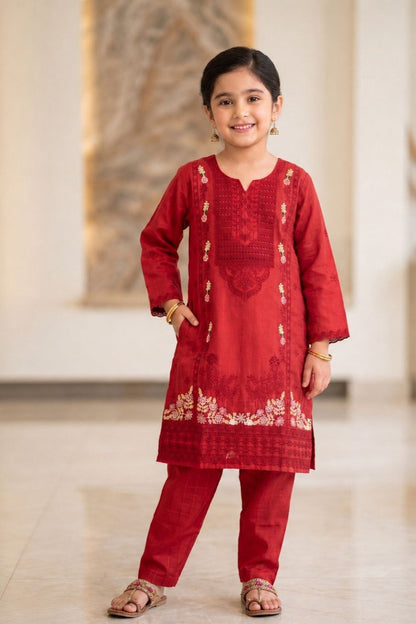 Red Embroidered Cotton Straight Kurta Set for Girls Online in Dubai UAE Abudhabi Ajman Sharjah